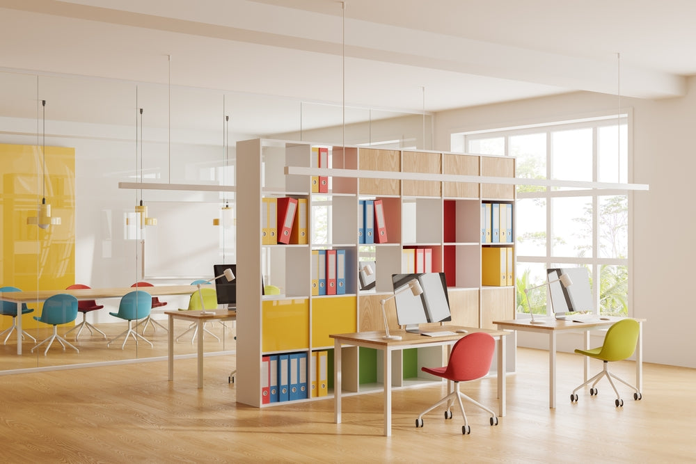 An office set up that is extremely colourful