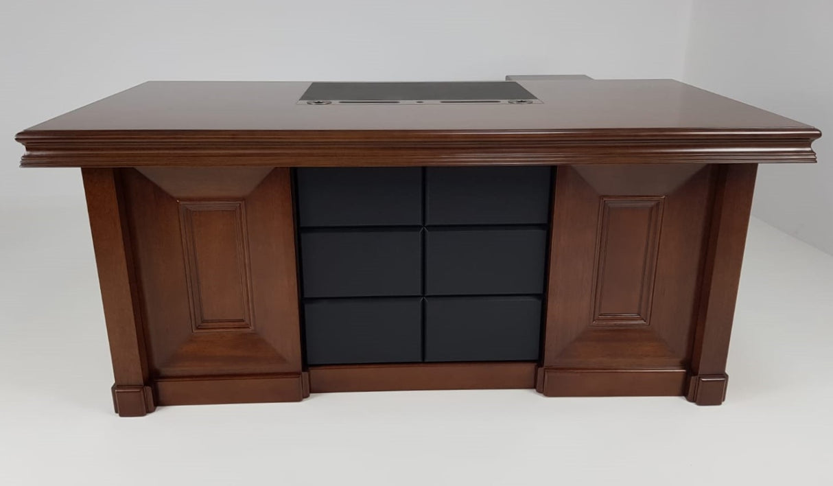 OFFER - Quality Light Walnut Real Wood Veneer Executive Desk with Black Leather - 2000mm - 2018