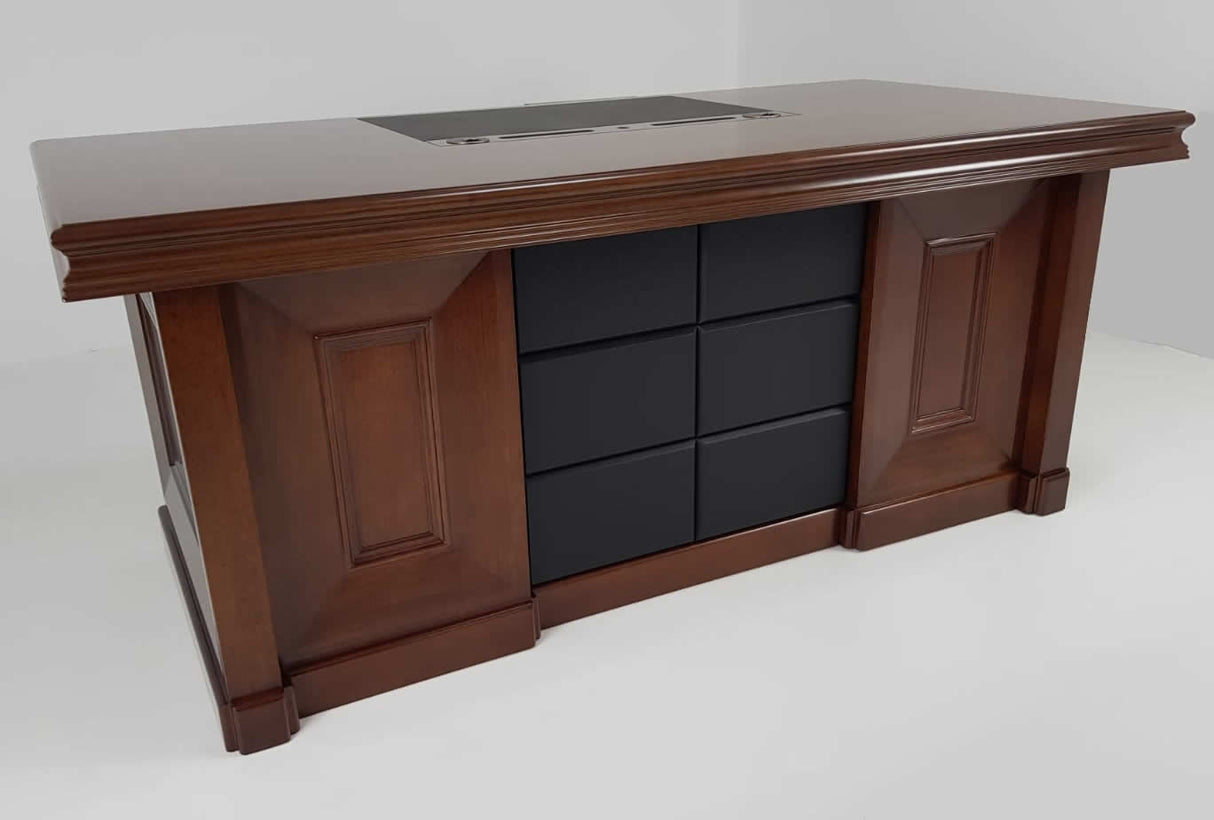 OFFER - Quality Light Walnut Real Wood Veneer Executive Desk with Black Leather - 2000mm - 2018