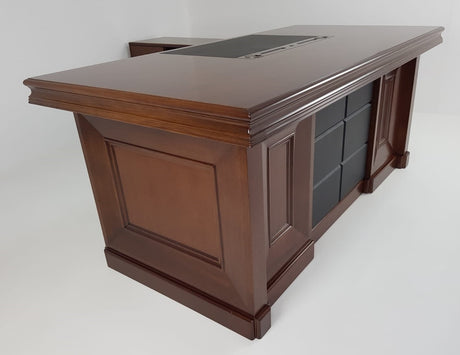 OFFER - Quality Light Walnut Real Wood Veneer Executive Desk with Black Leather - 2000mm - 2018