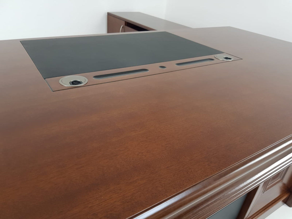 OFFER - Quality Light Walnut Real Wood Veneer Executive Desk with Black Leather - 2000mm - 2018