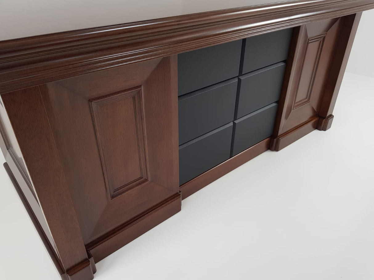 OFFER - Quality Light Walnut Real Wood Veneer Executive Desk with Black Leather - 2000mm - 2018