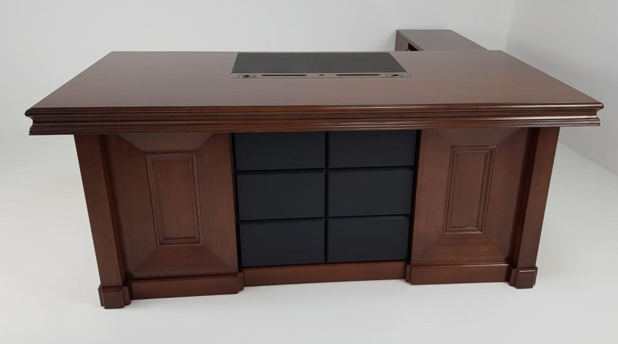 OFFER - Quality Light Walnut Real Wood Veneer Executive Desk with Black Leather - 2000mm - 2018
