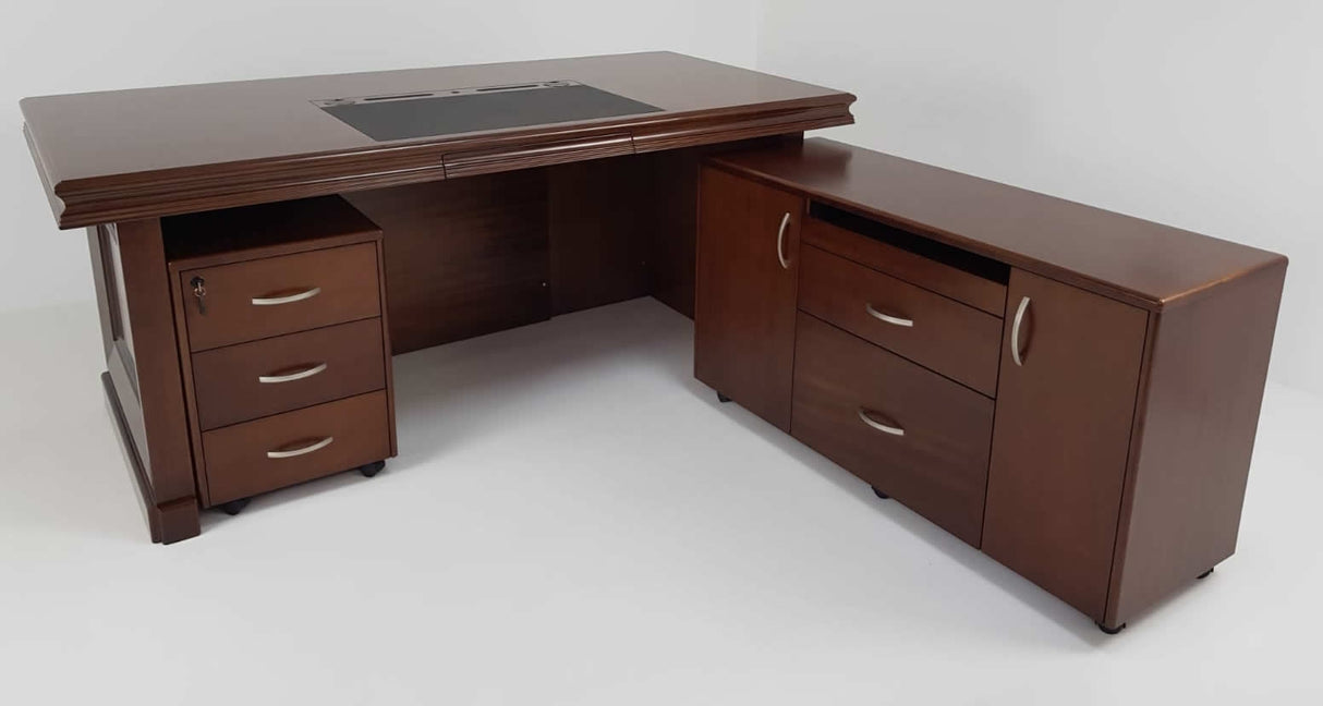 OFFER - Quality Light Walnut Real Wood Veneer Executive Desk with Black Leather - 2000mm - 2018