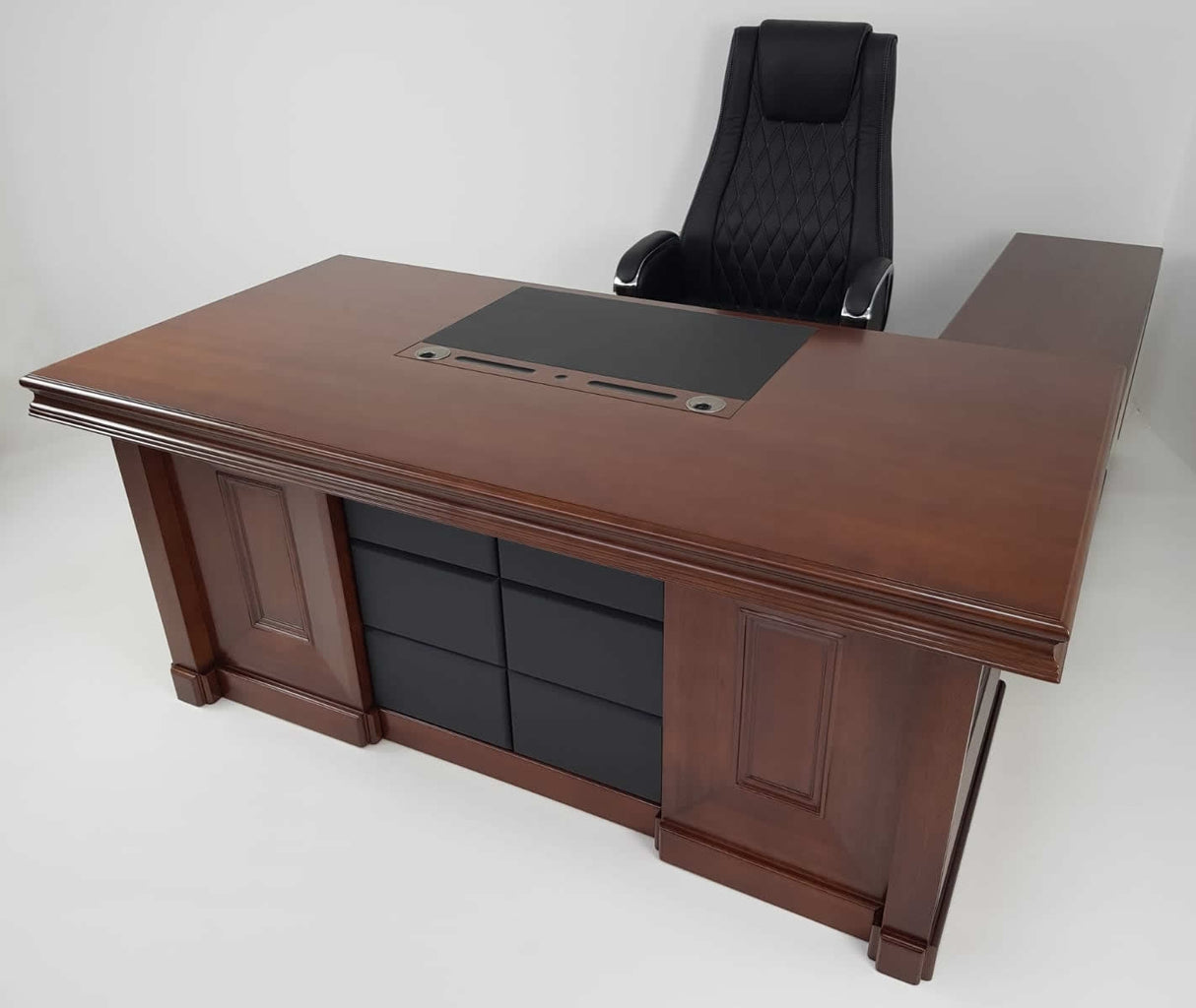 OFFER - Quality Light Walnut Real Wood Veneer Executive Desk with Black Leather - 2000mm - 2018