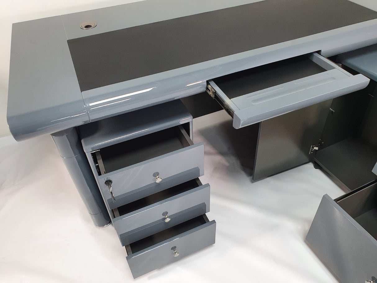 Grey Gloss Executive Office Desk with Pedestal and Return - 1600mm - 1861