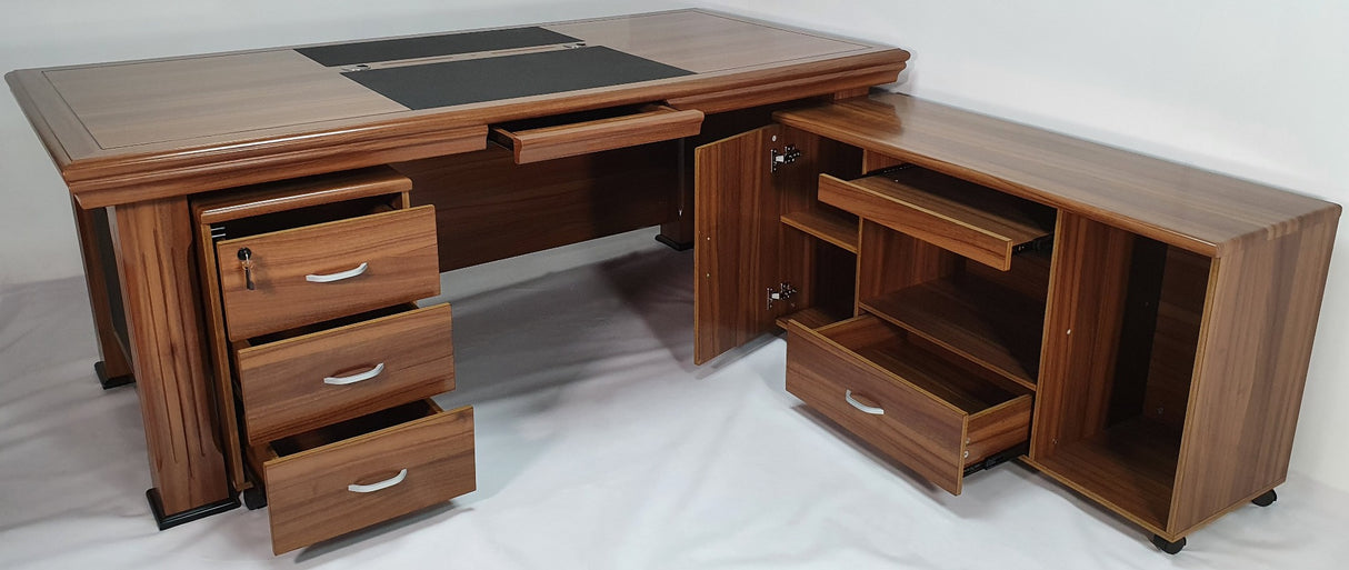 Light Oak Executive Desk With Leather Detailing - With Pedestal and Return - 2000mm or 2200mm - 2233