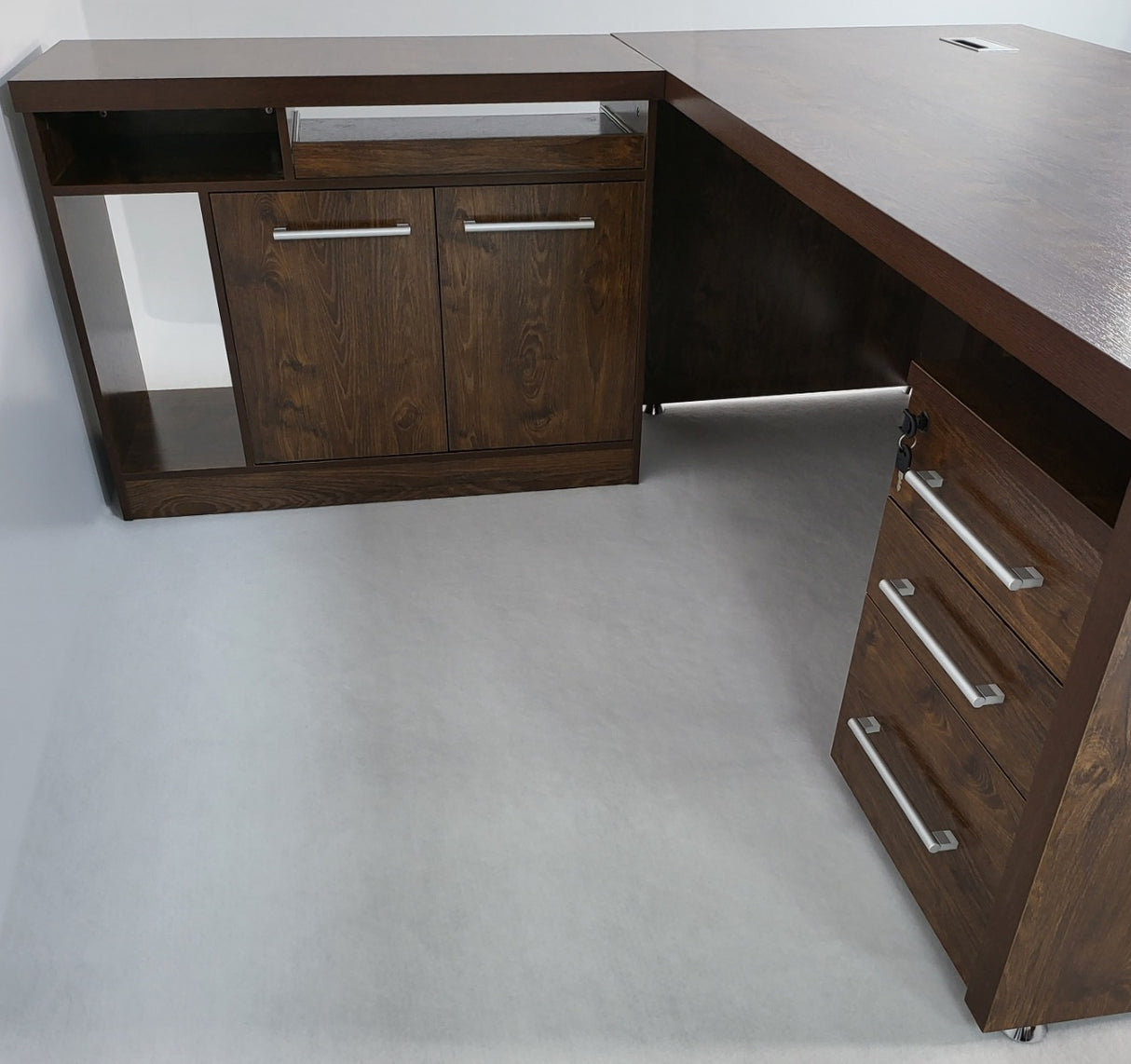 Dark Oak Executive Office Desk with Desk High Side Return and Pedestal - 2200mm - 8871