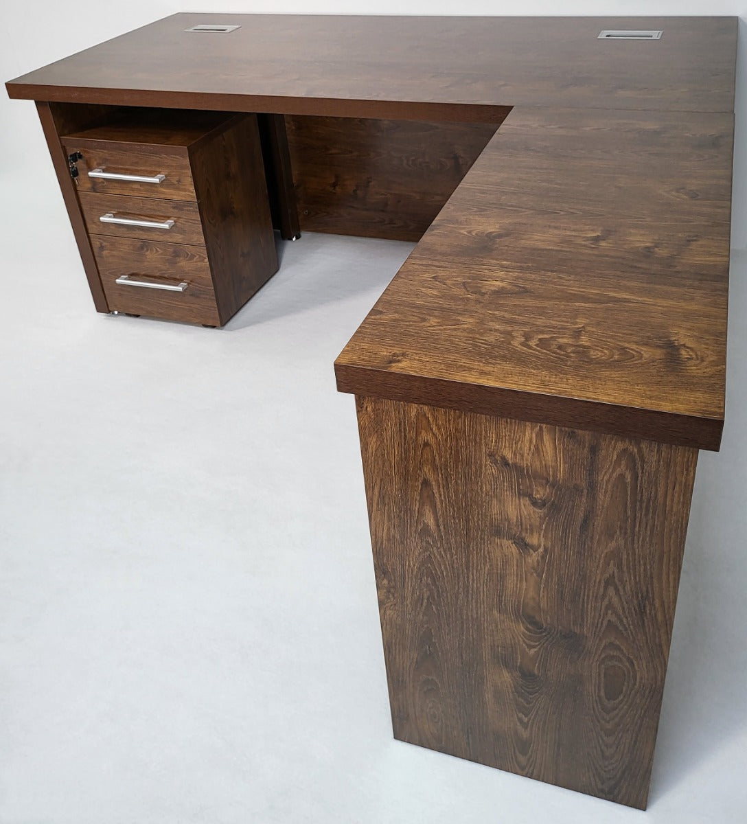 Dark Oak Executive Office Desk with Desk High Side Return and Pedestal - 2200mm - 8871