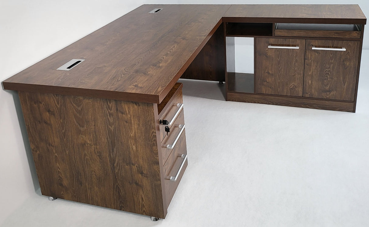 Dark Oak Executive Office Desk with Desk High Side Return and Pedestal - 2200mm - KW-8871