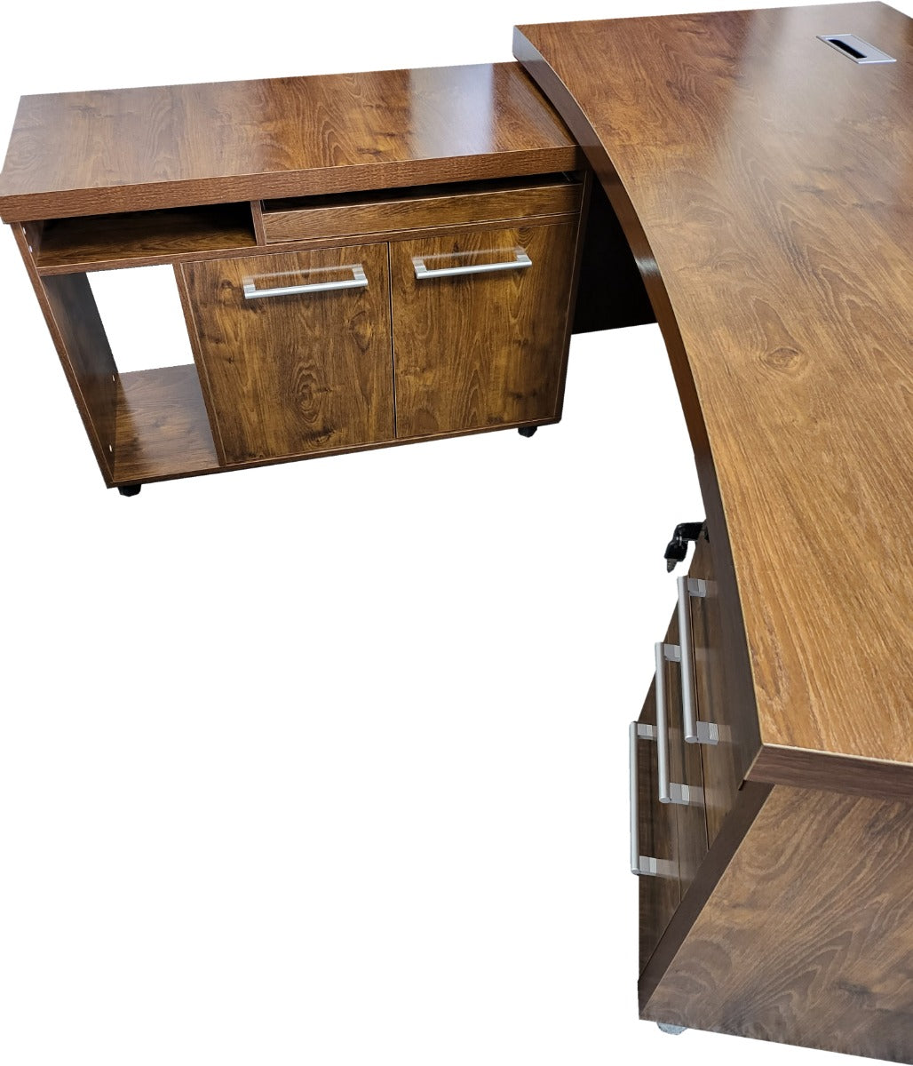 Dark Oak Curved Executive Office Desk with Mobile Return and Pedestal - 2200mm - KW-8668