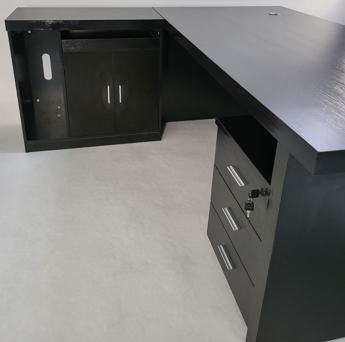 Modern Black Ash Executive Office Desk with Stylish Modesty Panel with Mobile Pedestal and Desk Level Return - 1800mm - 8674