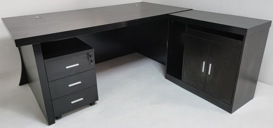 Modern Black Ash Executive Office Desk with Stylish Modesty Panel with Mobile Pedestal and Desk Level Return - 1800mm - 8674
