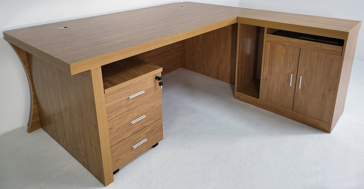Modern Oak Executive Office Desk with Stylish Modesty Panel with Mobile Pedestal and Desk Level Return - 1800mm - 8674
