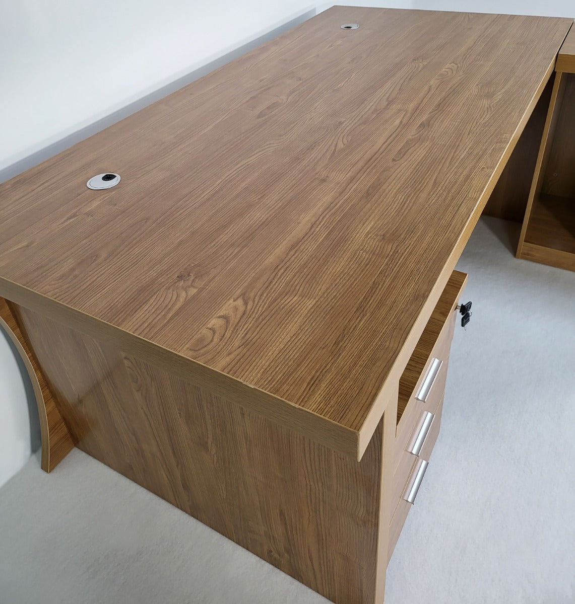 Modern Oak Executive Office Desk with Stylish Modesty Panel with Mobile Pedestal and Desk Level Return - 1800mm - 8674