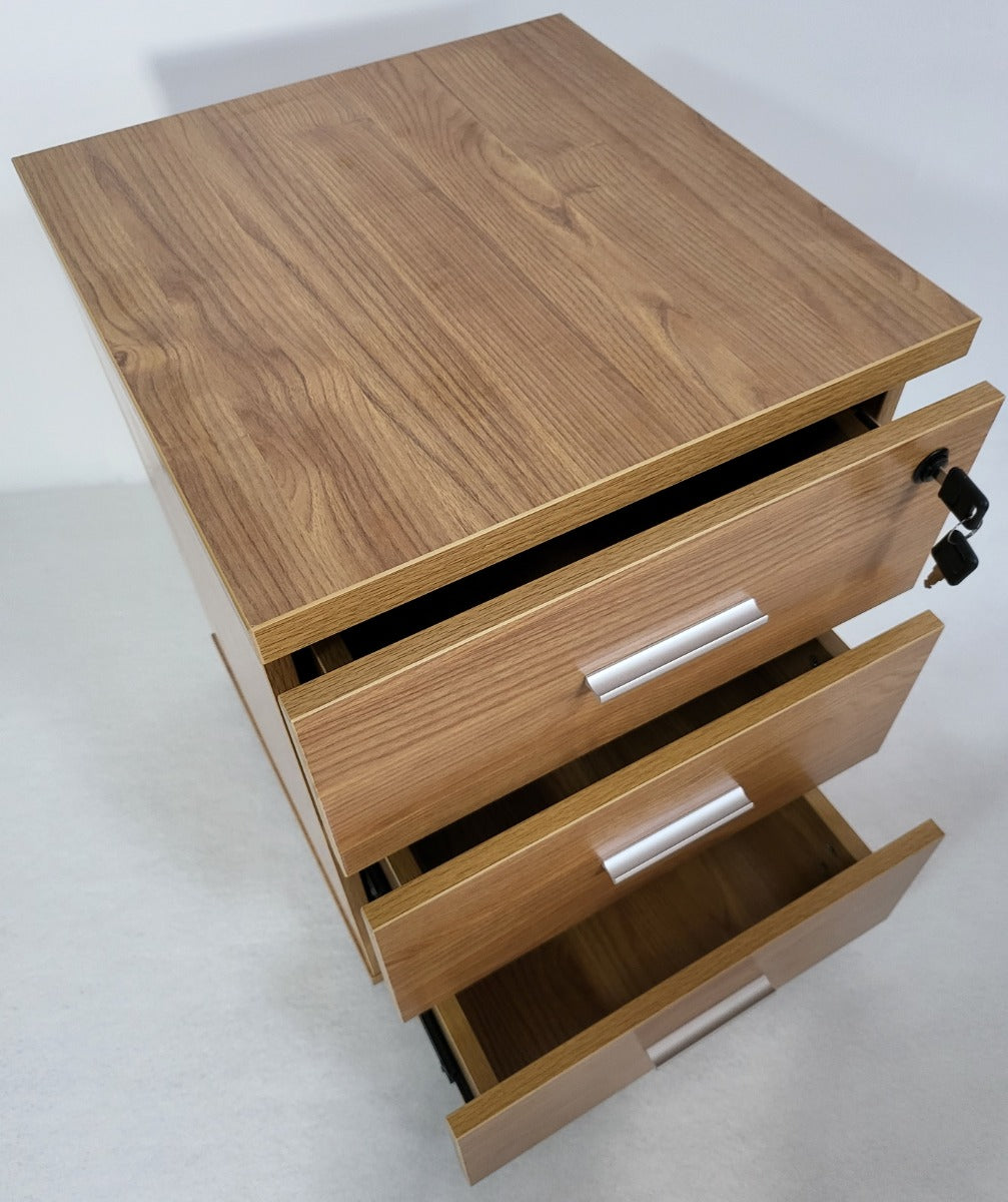 Modern Oak Executive Office Desk with Chesterfield Modesty Panel with Mobile Pedestal and Desk Level Return - 1800mm - 8692