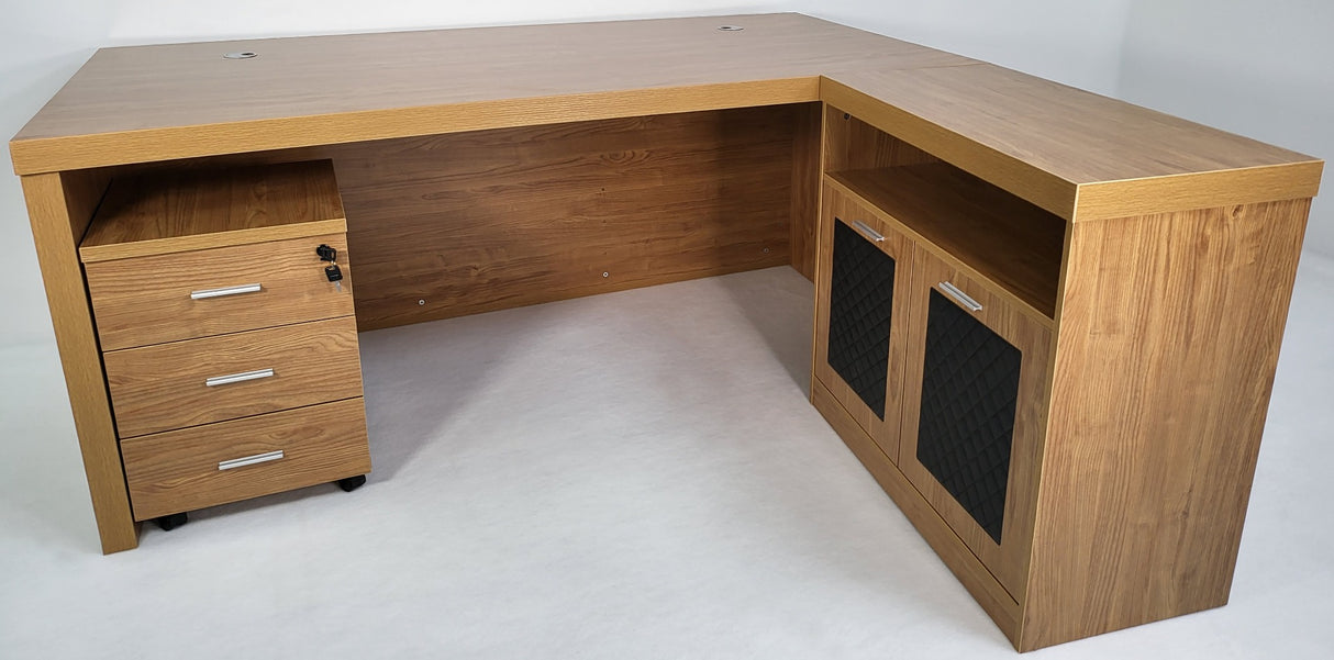 Modern Oak Executive Office Desk with Chesterfield Modesty Panel with Mobile Pedestal and Desk Level Return - 1800mm - 8692