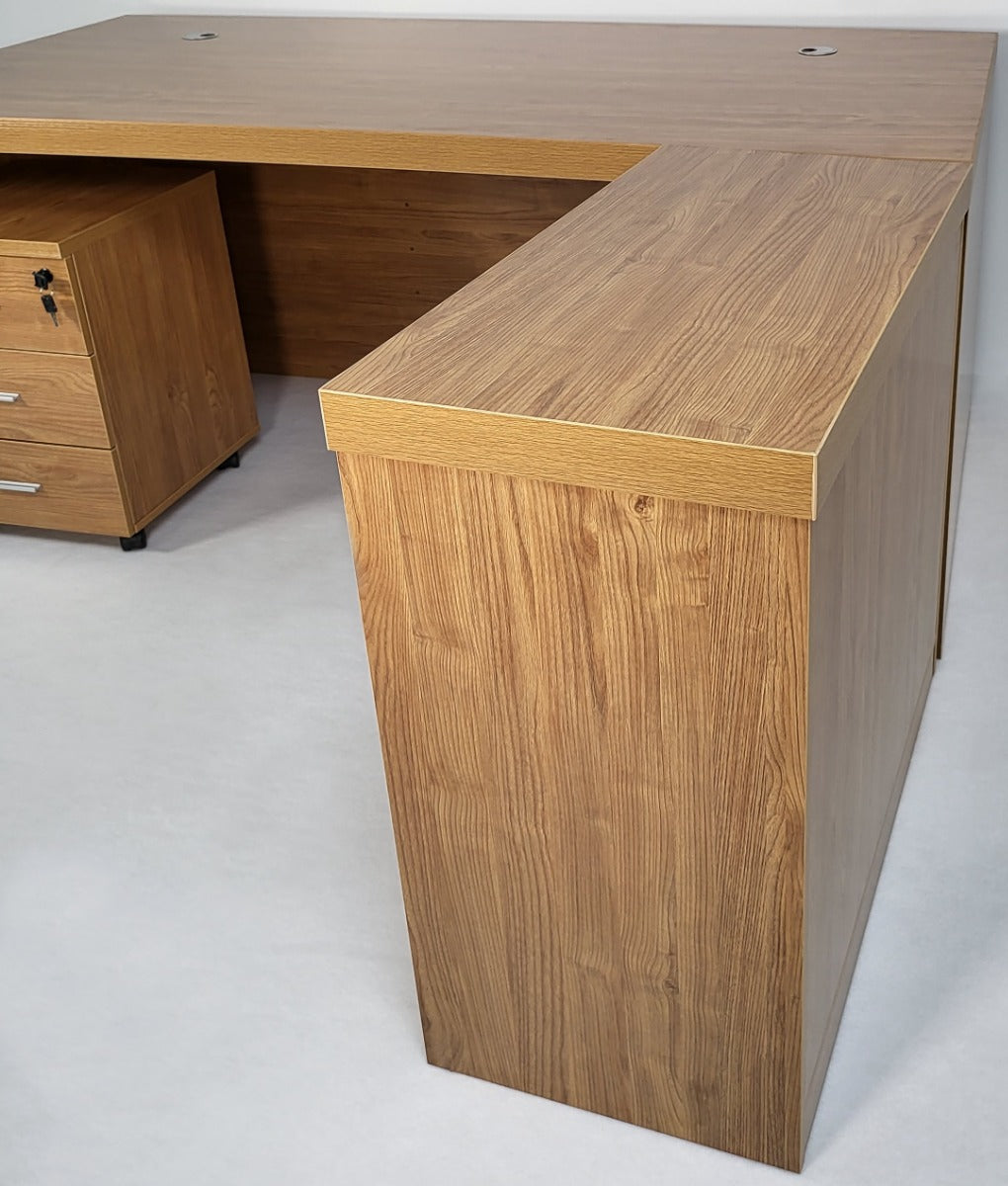 Modern Oak Executive Office Desk with Chesterfield Modesty Panel with Mobile Pedestal and Desk Level Return - 1800mm - 8692