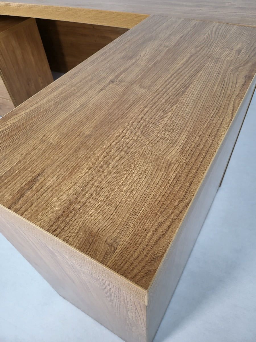 Modern Oak Executive Office Desk with Chesterfield Modesty Panel with Mobile Pedestal and Desk Level Return - 2000mm - 8692