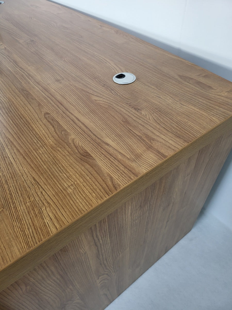 Modern Oak Executive Office Desk with Chesterfield Modesty Panel with Mobile Pedestal and Desk Level Return - 1800mm - 8692
