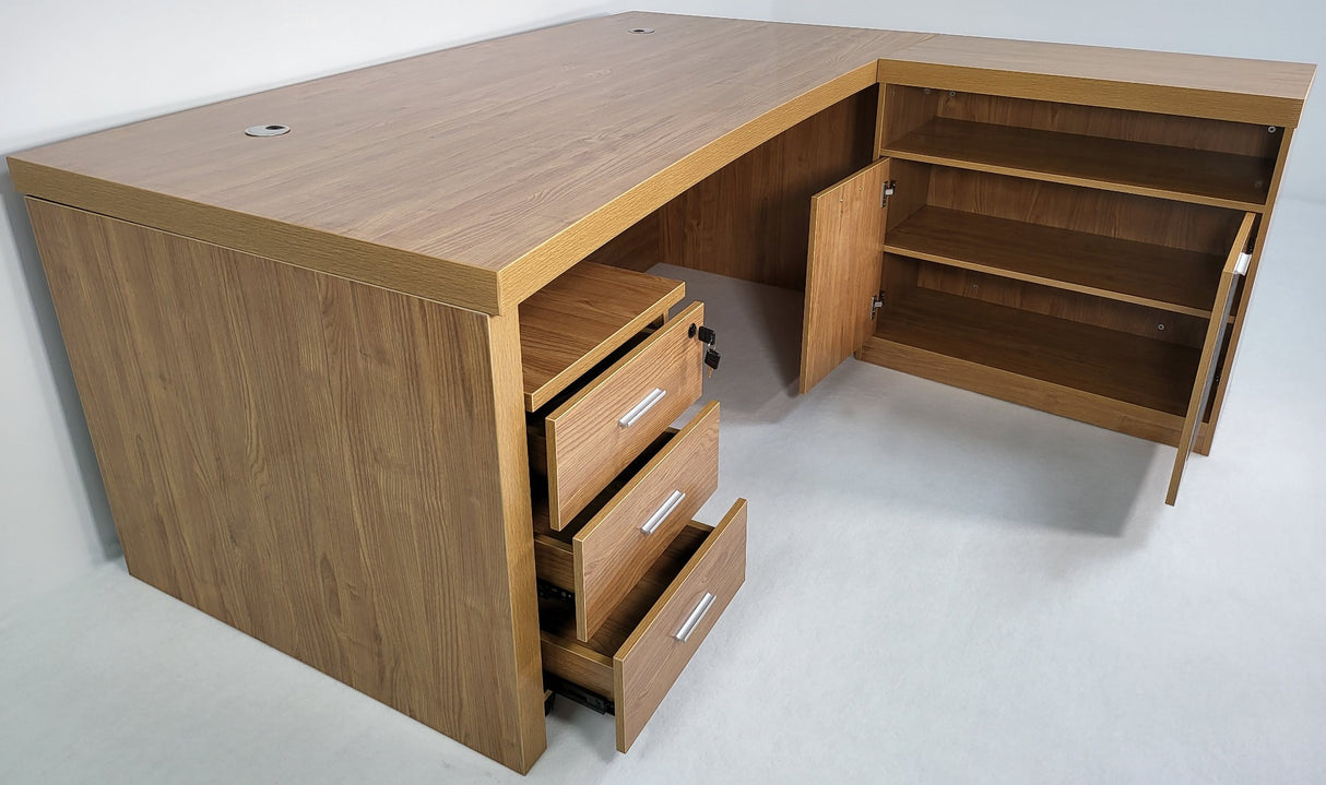 Modern Oak Executive Office Desk with Chesterfield Modesty Panel with Mobile Pedestal and Desk Level Return - 1800mm - 8692