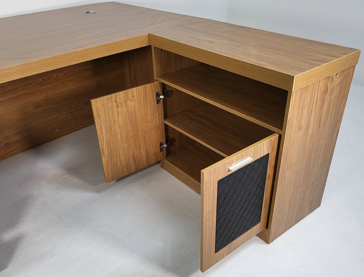 Modern Oak Executive Office Desk with Chesterfield Modesty Panel with Mobile Pedestal and Desk Level Return - 1800mm - 8692