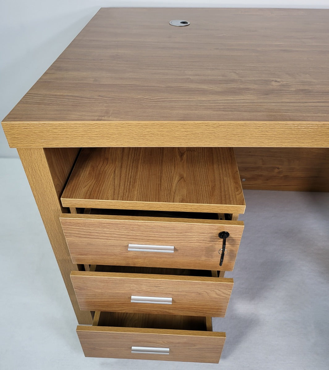 Modern Oak Executive Office Desk with Chesterfield Modesty Panel with Mobile Pedestal and Desk Level Return - 1800mm - 8692