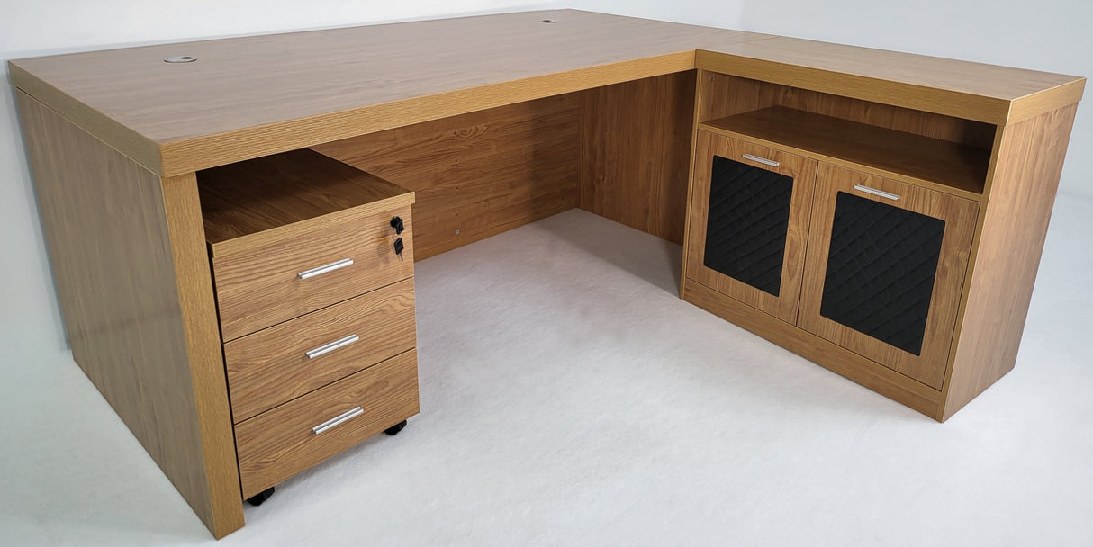 Modern Oak Executive Office Desk with Chesterfield Modesty Panel with Mobile Pedestal and Desk Level Return - 1800mm - 8692