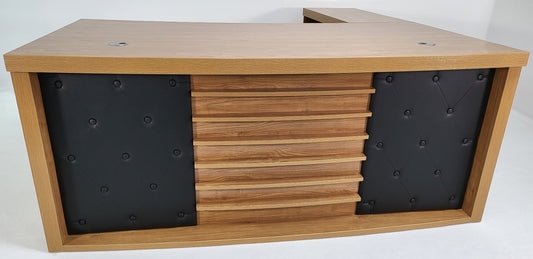 Modern Oak Executive Office Desk with Chesterfield Modesty Panel with Mobile Pedestal and Desk Level Return - 1800mm - 8692