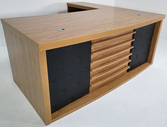 Modern Oak Executive Office Desk with Chesterfield Modesty Panel with Mobile Pedestal and Desk Level Return - 1800mm - 8692