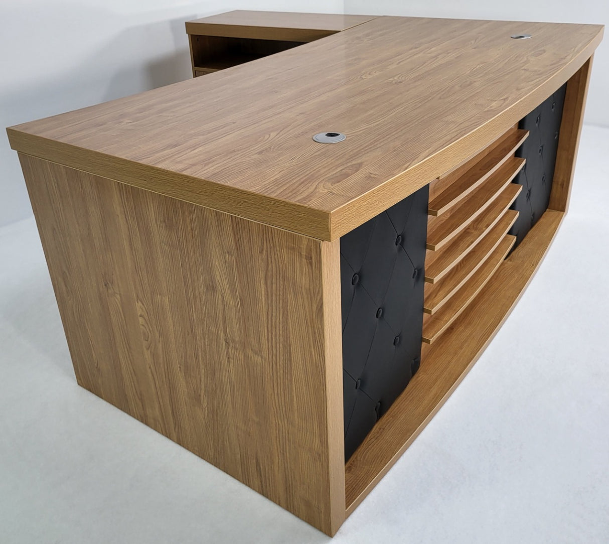 Modern Oak Executive Office Desk with Chesterfield Modesty Panel with Mobile Pedestal and Desk Level Return - 1800mm - 8692