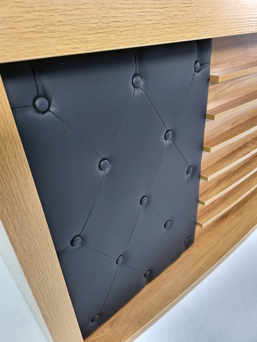 Modern Oak Executive Office Desk with Chesterfield Modesty Panel with Mobile Pedestal and Desk Level Return - 2000mm - 8692