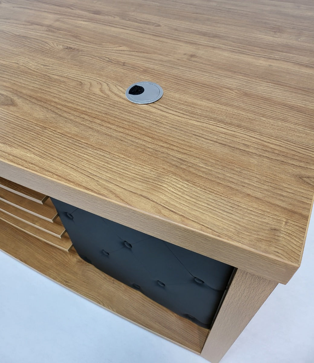 Modern Oak Executive Office Desk with Chesterfield Modesty Panel with Mobile Pedestal and Desk Level Return - 1800mm - 8692
