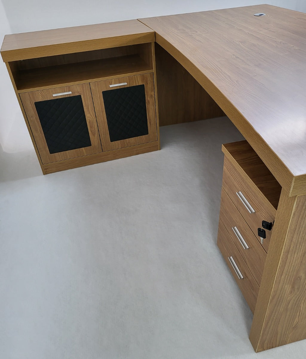 Modern Oak Executive Office Desk with Chesterfield Modesty Panel with Mobile Pedestal and Desk Level Return - 1800mm - 8692