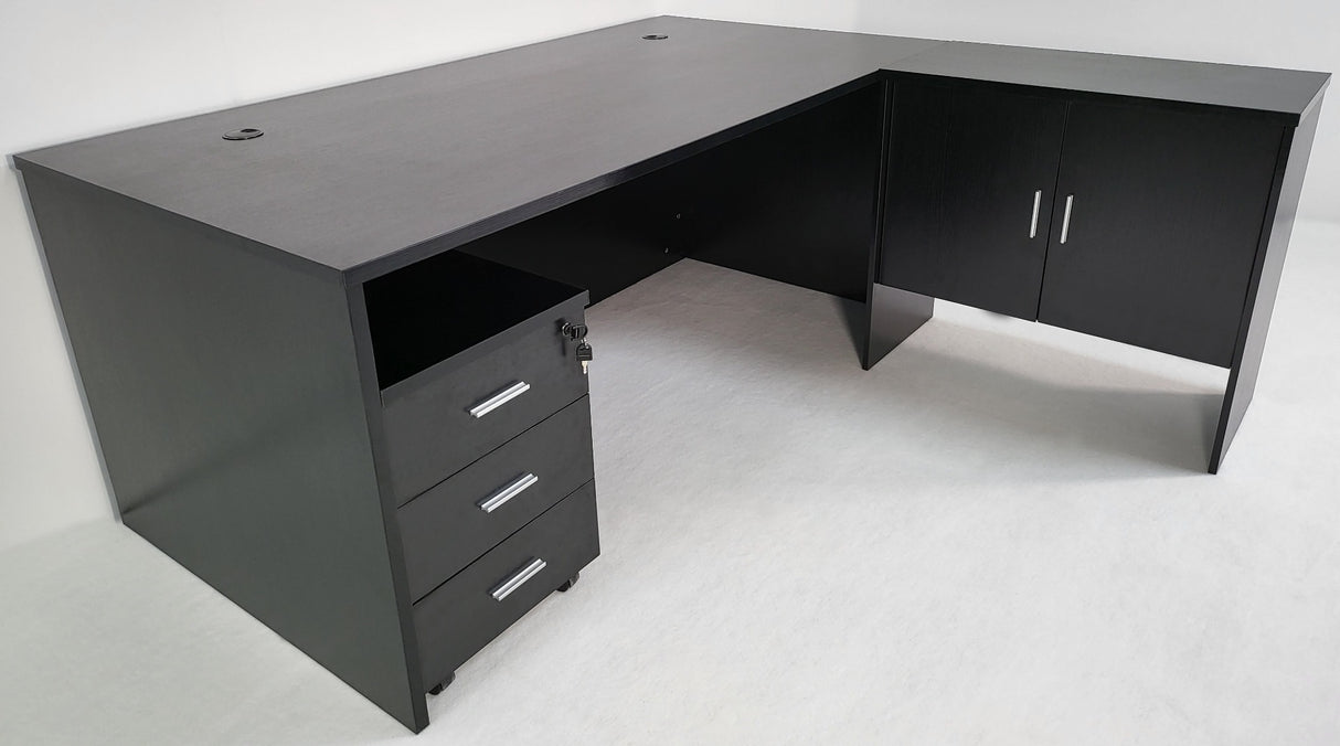 Modern Black Ash Executive Office Desk with Leather Panelling with Mobile Pedestal and Desk Level Return - 2000mm - 8690
