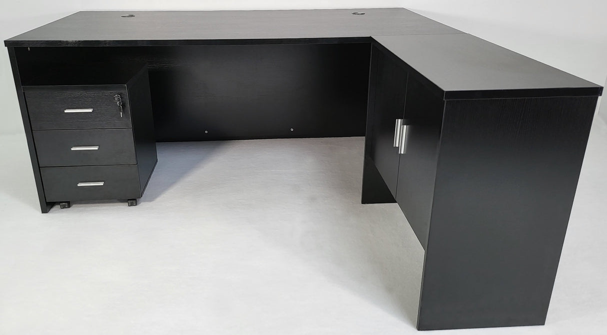 Modern Black Ash Executive Office Desk with Leather Panelling with Mobile Pedestal and Desk Level Return - 1800mm - 8690