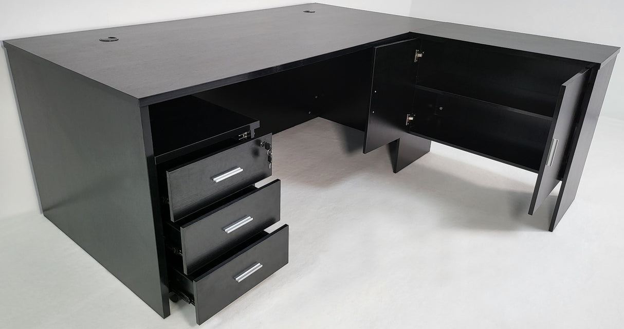 Modern Black Ash Executive Office Desk with Leather Panelling with Mobile Pedestal and Desk Level Return - 1800mm - 8690