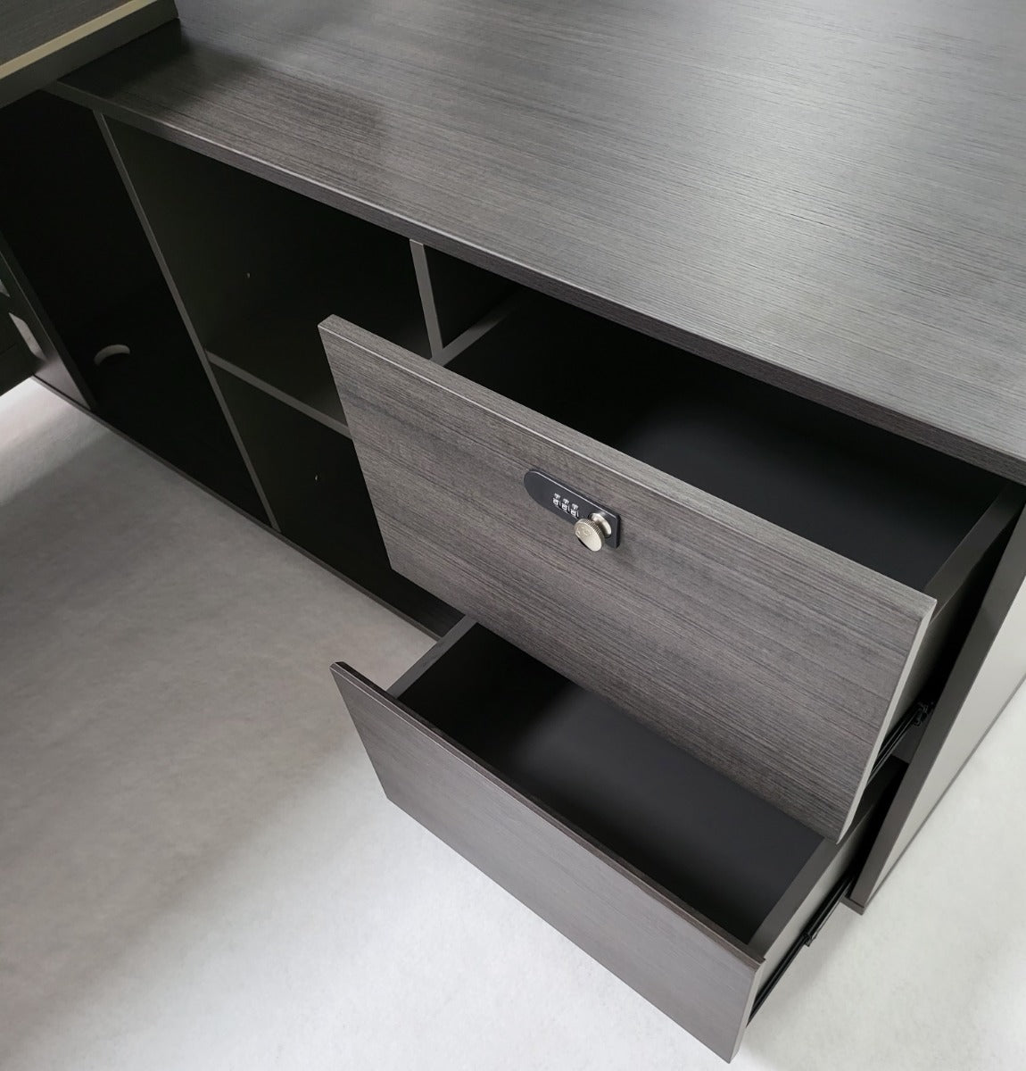 Modern Grey Oak Corner Executive Office Desk with Built in Storage - 1600mm & 1800mm - BWJ-HD04