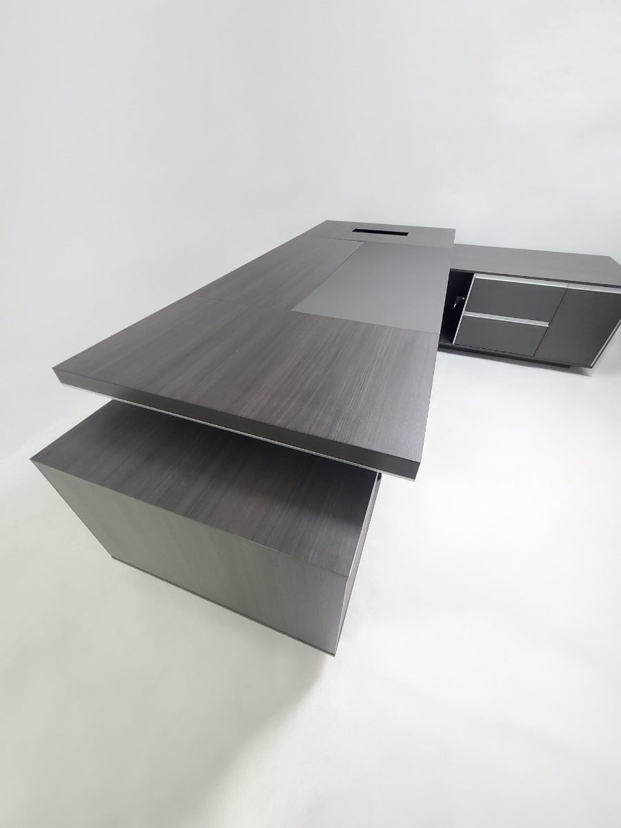 Large Modern Grey Oak Executive Office Desk with Integrated Cupboard and Return - BJS-D0128