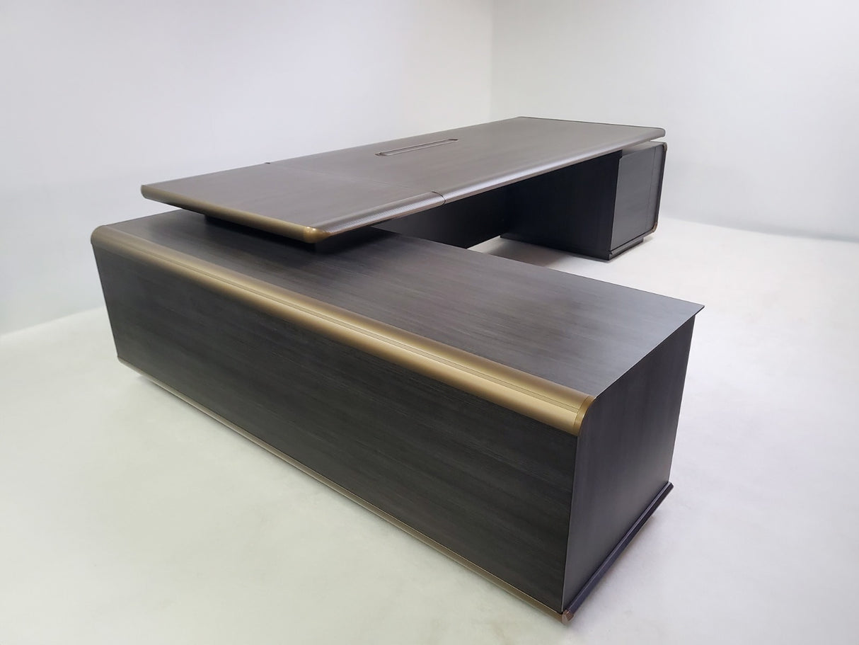 Large Modern Grey Oak Executive Corner Office Desk with Carbon Fibre and Brass Metal Edging - 2400mm / 2800mm / 3200mm - FP60-D01