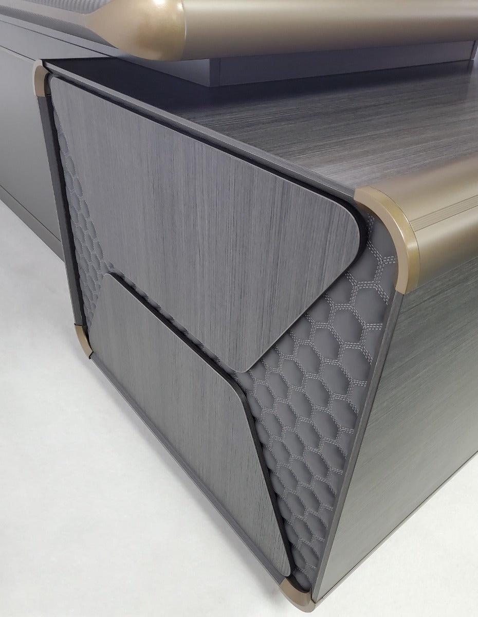 Large Modern Grey Oak Executive Corner Office Desk with Carbon Fibre and Brass Metal Edging - 2400mm / 2800mm / 3200mm - FP60-D01