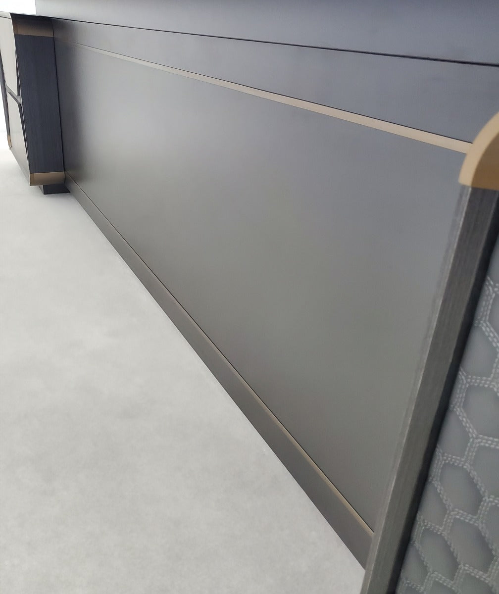 Large Modern Grey Oak Executive Corner Office Desk with Carbon Fibre and Brass Metal Edging - 2400mm / 2800mm / 3200mm - FP60-D01