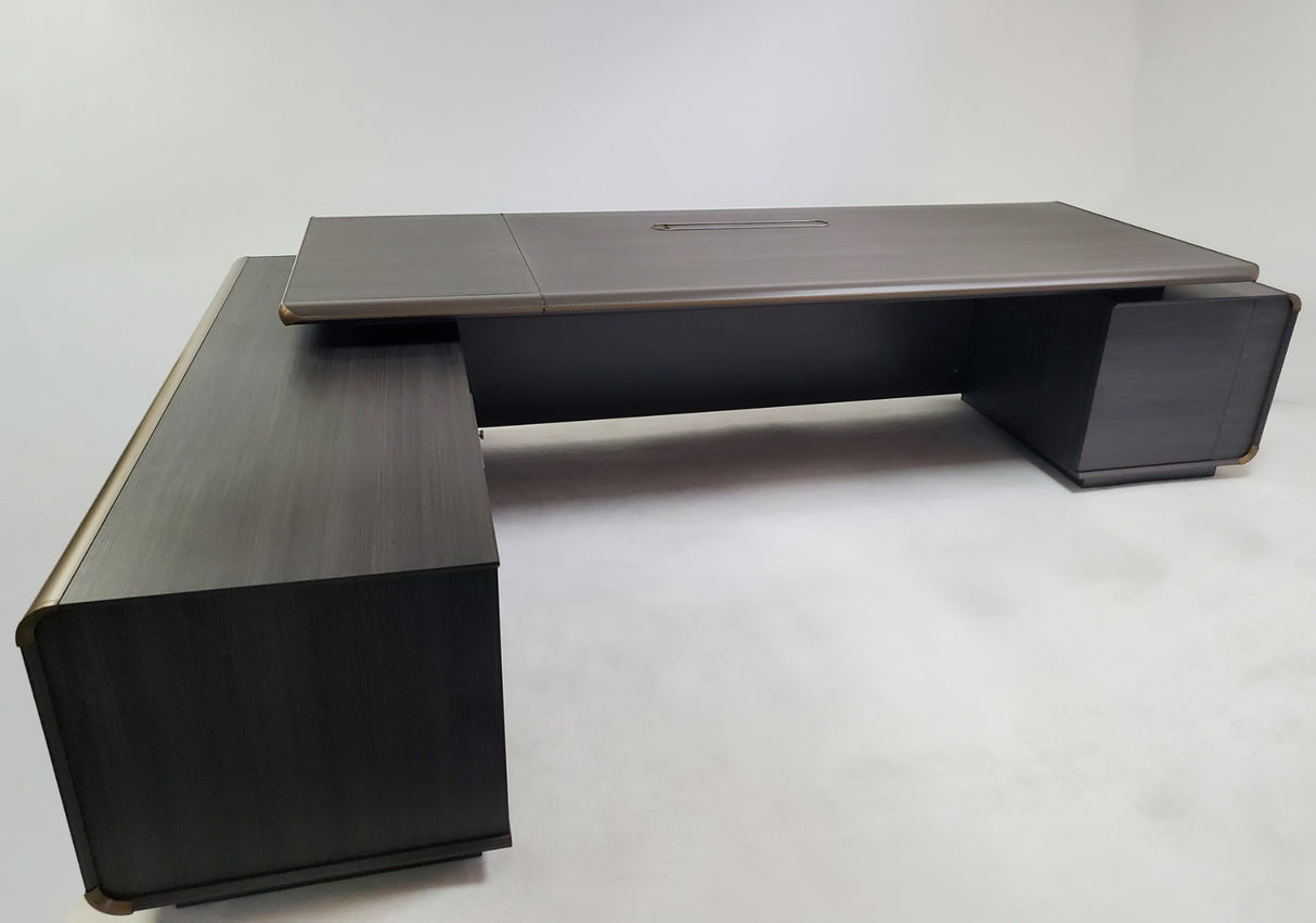 Large Modern Grey Oak Executive Corner Office Desk with Carbon Fibre and Brass Metal Edging - 2400mm / 2800mm / 3200mm - FP60-D01