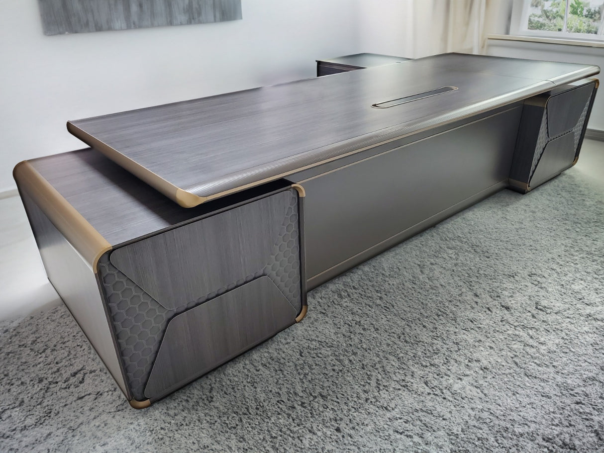 Large Modern Grey Oak Executive Corner Office Desk with Carbon Fibre and Brass Metal Edging - 2400mm / 2800mm / 3200mm - FP60-D01