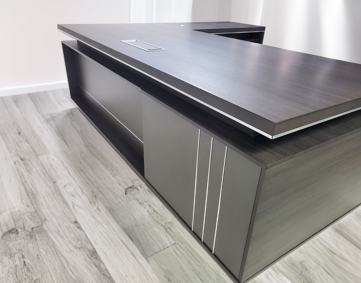 Large Grey Oak Executive Office Desk with Desk High Extension and Storage - 2400mm - DG07-D0224