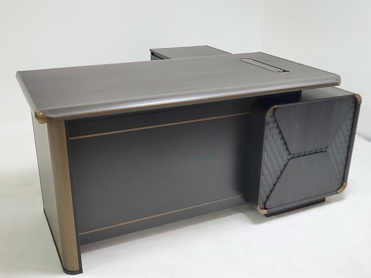 Modern Grey Oak Executive Corner Office Desk with Carbon Fibre and Brass Metal Edging - 2000mm - FP60-D02