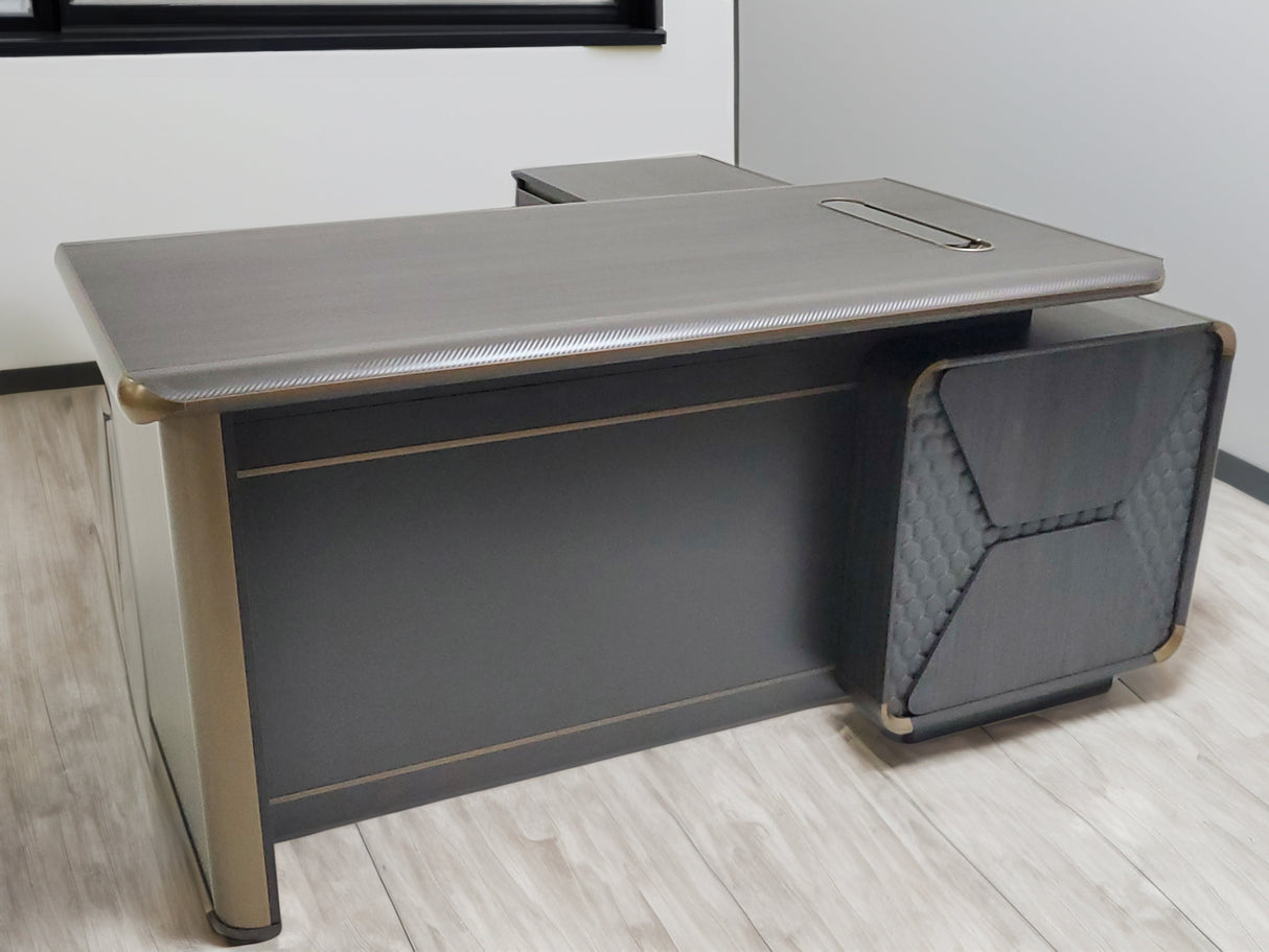 Modern Grey Oak Executive Corner Office Desk with Carbon Fibre and Brass Metal Edging - 1800mm - FP60-D02