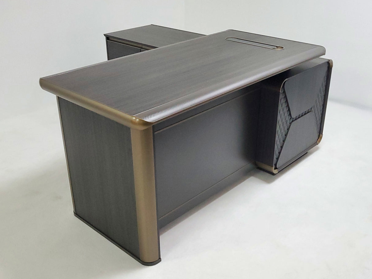 Modern Grey Oak Executive Corner Office Desk with Carbon Fibre and Brass Metal Edging - 1800mm - FP60-D02