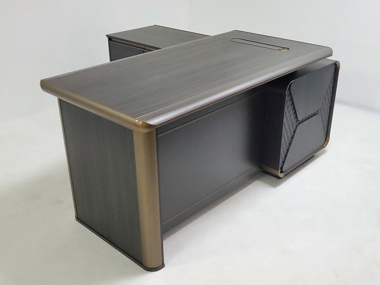 Modern Grey Oak Executive Corner Office Desk with Carbon Fibre and Brass Metal Edging - 2000mm - FP60-D02