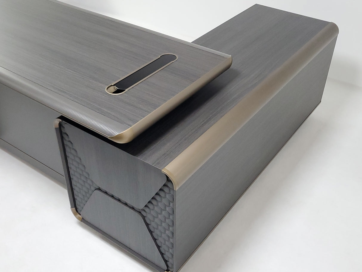 Modern Grey Oak Executive Corner Office Desk with Carbon Fibre and Brass Metal Edging - 1600mm - FP60-D02